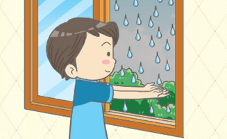 창문 밖으로 내리는 빗방울에 손을 뻗는 아이