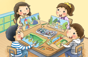 각자 그린 그림을 발표하는 아이들