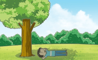 나무 그늘에 누워 있는 아이