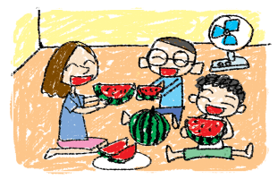 여름날 수박 먹는 모습 그림