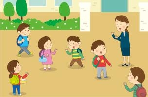 서로 인사하는 등굣길 모습